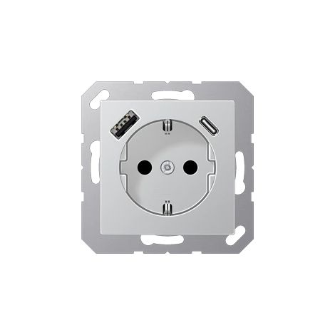 Jung Toma de corriente SCHUKO®, 16 A 250 V , con cargador USB, 1 x tipo A + 1 x tipo C, SAFETY+, serie A, aluminium A 1520-15 CA AL