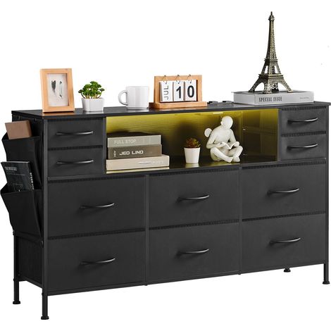 Commode en tissu à 10 tiroirs, meuble de rangement avec bacs tissu, tiroir de rangement pour placard, avec étagère rangement ouverte, lumières LED et prise intégrée, pour chambre, couloir, noir (1/5)