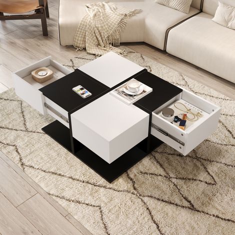 DESMIU Table basse carrée avec 2 tiroirs et rangement pour salon en panneau de particules noir et blanc 70 × 70 × 35,5 cm (1/5)