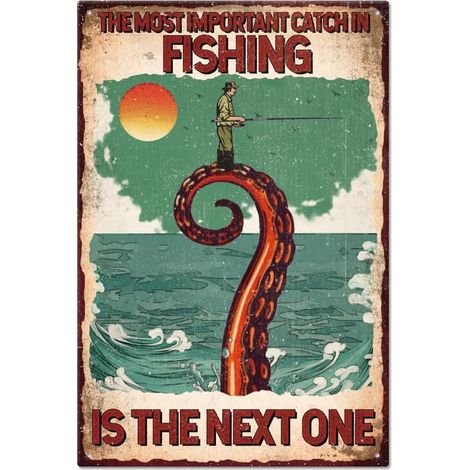Plaque métallique en étain de pieuvre et de pêche, Affiche métallique drôle de pêche, Décoration murale pour les restaurants, les bars, les pubs 30x20 cm (1/5)
