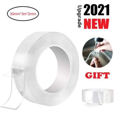 Rouleau de ruban adhésif double face nano, 30 mm x 3 m x 2 mm, lavable, sans résidus, réutilisable. Idéal pour fixer pare-brise, fenêtres, tapis, photos et affiches. (1/5)