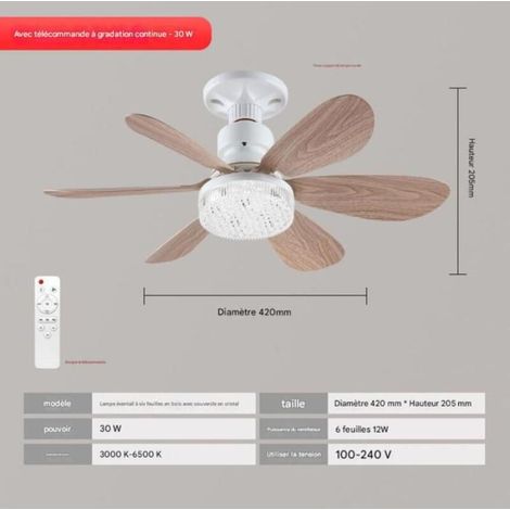 Ventilateur lumineux Ventilateur lumineux à six pales 30W 42 cm pales en grain de bois couvercle en cristal avec support de lampe (1/4)