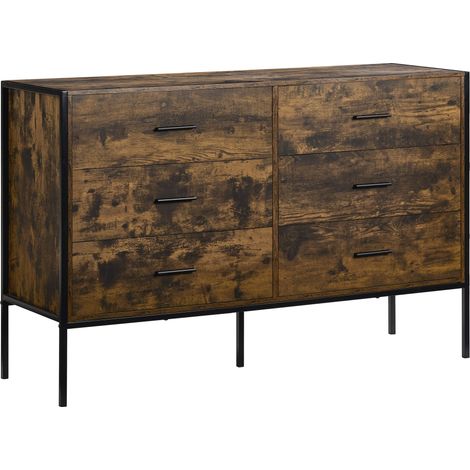 Brooklyn 6 Drawer Chest of Drawers Bedside Table Wood Bedroom Furniture Storage, Dark-Wood