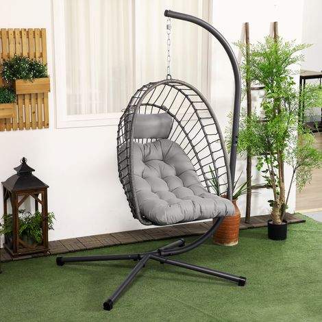 Fauteuil suspendu en rotin PE avec coussin. Assise pliante et structure en acier. Gris.