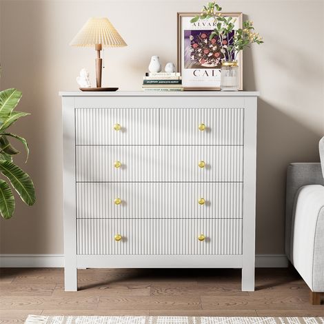 Commode 79x80.5x39.5cm - Commode à 5 tiroirs avec poignées dorées, armoire de rangement - Blanc (1/5)