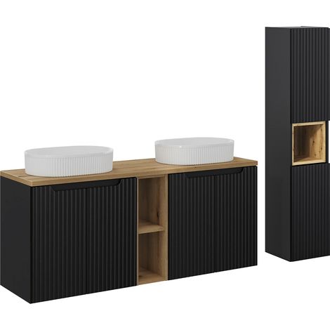Doppelwaschtisch und Hängesäule 140.4cm Riva, Schwarz und Holzoptik