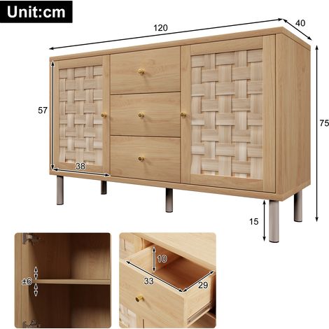 Commode, 2 portes, 3 tiroirs, anti-basculement, avec étagères, chêne, 120 x 40 x 75 cm, pour cuisine et salle à manger
