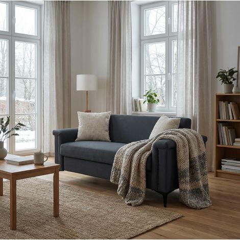 REDOM - Divano a 2 posti 172x72x82 cm, seduta confortevole, braccioli ampi, tessuto effetto lino, piedini metallici neri, grigio scuro (1/5)
