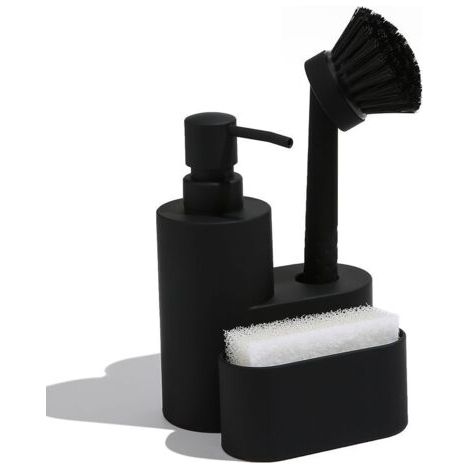 BUNTHAUS 3-in-1-Spülmittelspender, Schwammhalter für die Küche, Küchenseifenspender mit Schwamm, Bürste, Schwarz (1/5)