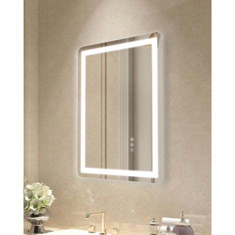 Miroir de salle de bain à LED, 50 x 70 cm, miroir de maquillage avec éclairage frontal et rétroéclairé, miroir mural à mémoire antibuée avec lumières, intensité variable en continu à 3 couleurs (1/5)
