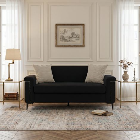 Canapé 2 places 172x73.5x81.5 cm, canapé salon avec dossier séparé, accoudoirs carrés, structure bois et pieds métal, lin et polyester, Noir