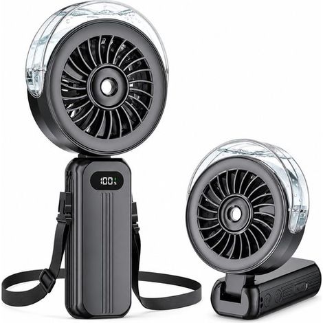 Ventilateur portable avec brumisateur d'eau, rechargeable USB, batterie 6000 mAh, 3-en-1 avec écran LED, 4 vitesses, pour poche et bureau, noir (1/5)