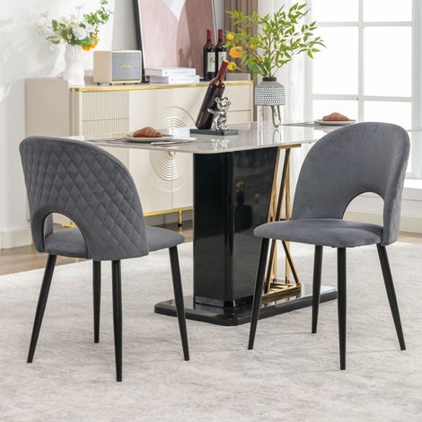 Lot de 2 chaises de salle à manger en velours gris, dossier ajouré à surpiqûres losanges, pieds en métal réglables, 47x44x84 cm, charge 130 kg (1/5)