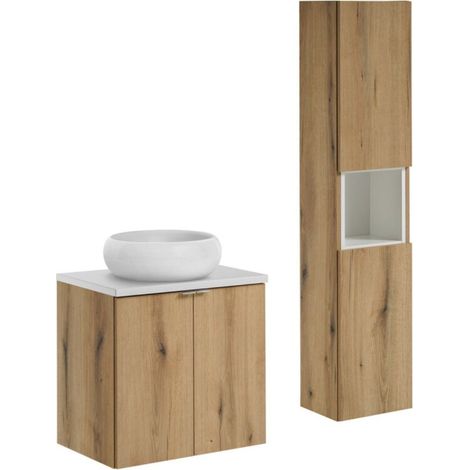 Ensemble VANO Eichen- und Weißoptik 90cm: Unterschrank mit Schranktüren + Platte für Waschbecken + aufgesetztes rundes Waschbecken + Säule