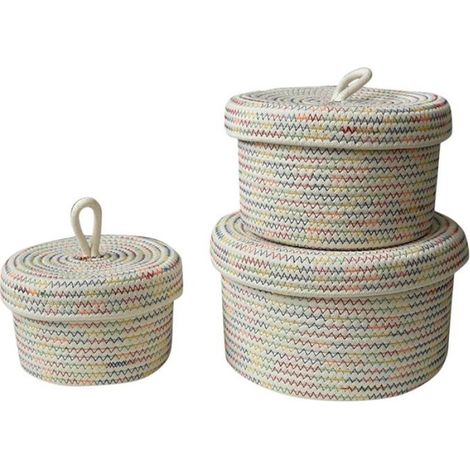 avec Couvercles - Ensemble de 3Paniers DéCoratifs pour éTagèRes et Table Basse - Panier à Couvercle en Corde de Coton Naturel (1/4)