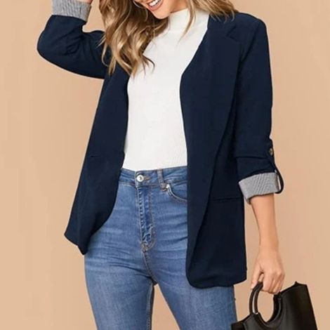 Veste tailleur femme bleu violacé, taille M, col rabattu, manches 3/4, ouverte sur le devant, idéale pour le bureau.