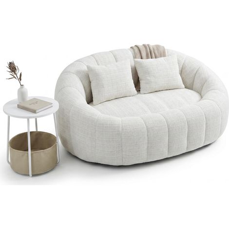 FurnitureR Wohnzimmer Set rundes Sofa 2 Sitzer Stoff creme mit Beistelltisch mit Stauraum kompakt Lounge Möbel Set gemütlich