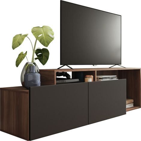 Beaux Meubles Pas Chers – Meuble TV 50 pouces 2 portes abattantes – Noir et imitation chêne foncé – L 164 x H 46.5 x P 37.5 cm – Bois certifié FSC (1/5)