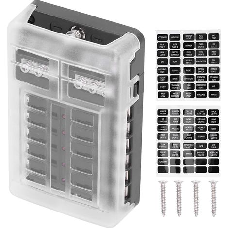Boîtier de fusibles 12 voies avec bus négatif, voyant LED et couvercle de protection pour voiture, bateau, marine (1/5)