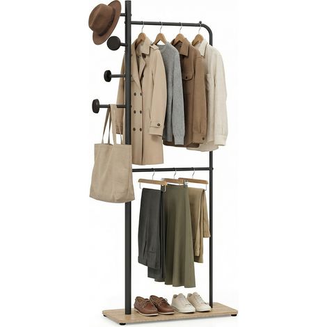Porte Manteau sur Pieds, Porte-vêtements Double Tringle avec Crochets en Bois, Penderie Ouverte en Métal avec Étagère à Chaussures, 68 x 30 x 167 cm (1/5)