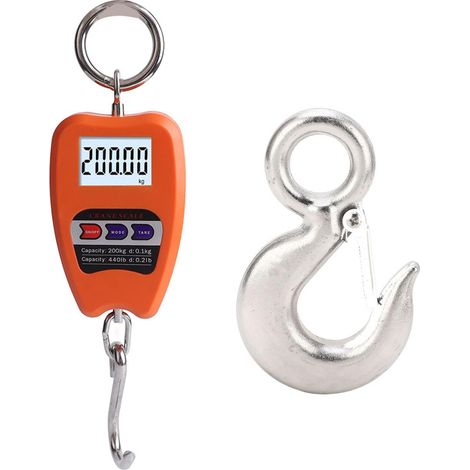Elektronische Hakenwaage, 200 kg, klein, orange, kabellos, industrielle Fischereiwaage für kommerzielle Landwirtschaft + 2T Edelstahl-Gabelkopf-Hakenlager, robuster Sicherheitshaken (1/5)