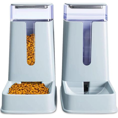 Lot de 2 distributeurs automatiques de Nourriture et d'eau pour Chat de Petite, Moyenne et Grande Taille gris