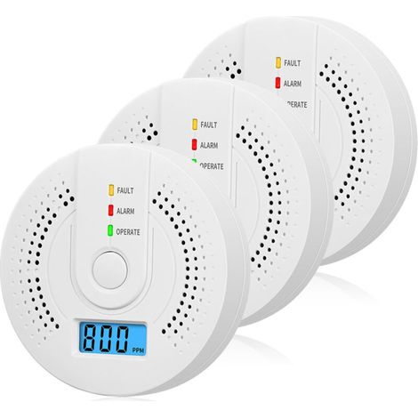 Juego de 3 detectores de monóxido de carbono a pilas con pantalla LCD digital para el hogar, la cocina, restaurantes, hoteles y oficinas (pilas no incluidas). (1/5)