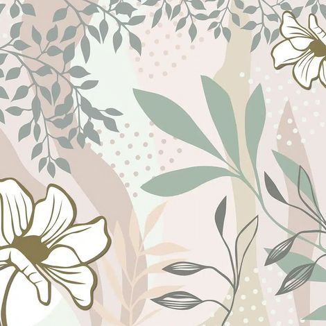 papier peint panoramique feuilles dessinées beige et vert clair  - Sanders & Sanders (1/5)