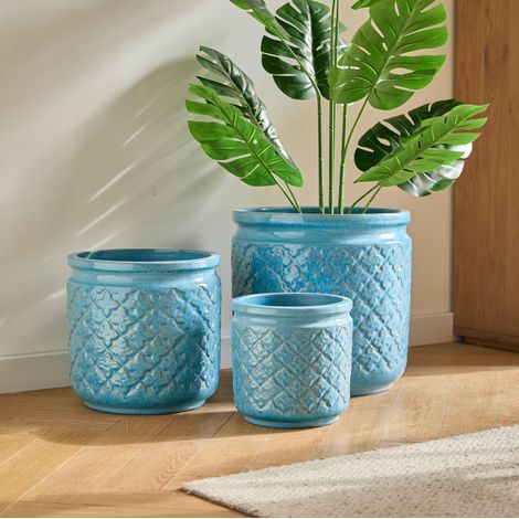 Set de 3 pots de fleurs en céramique bleu à motifs géométriques HAVRYA (1/5)