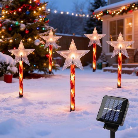 Lampe Solaire Étoile Noël Exterieure Jardin, 5 Pièces Étoile Lumière Solaire Jardin 8 Modes, Étanche IP65 LED Décoration de Noël pour Cour Chemins Pelouse Terrasse, Blanc Chaud