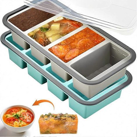 Lot de 2 récipients en silicone pour soupe à congeler avec couvercles, moule à soupe pour congélation, bacs à glaçons pour congélateur, pour conserver 250 ml/125 ml de bouillon (1/5)