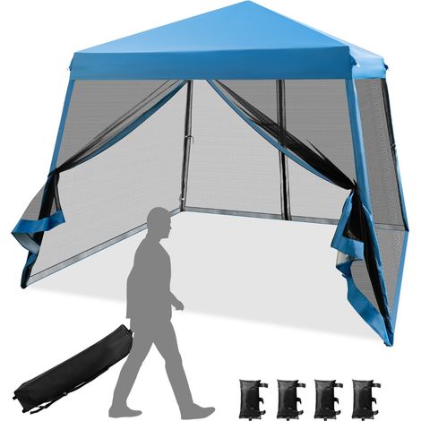 Tenda pieghevole con gambe inclinate e pareti laterali in rete borsa a rullo, Gazebo regolabile in altezza Blu (1/5)