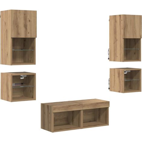 Lot de 8 meubles TV muraux modernes avec LEDs rangement design minimaliste 30 x 28,5 x 30 cm en bois d'ingénierie chêne artisanal