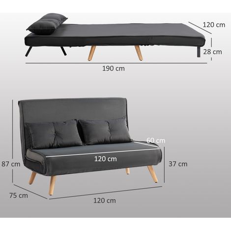Canapé convertible 2 places, sofa-lit avec dossier réglable, tissu gris, cadre métallique, meuble gain de place pour salon ou chambre. (1/5)