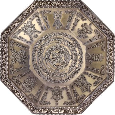 Achteckige Feuerschale mit buddhistischen Symbolen, Feuerschale für Rituale, türkisfarbenes buddhistisches Accessoire (1/5)