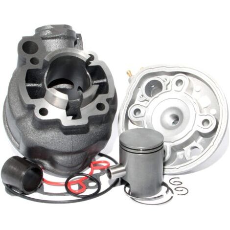 Kit cylindre 50 fonte AM6 – Culasse aluminium haute conductivité – Piston bi-segments – 5 transferts d’admission – Compatible Minarelli Rieju MBK