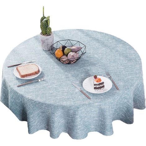 Nappe ronde lavable en coton et lin, couleur bleu clair, diamètre 140 cm (1/3)