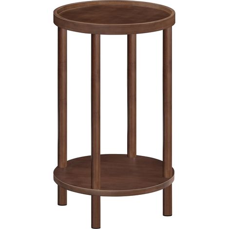 Table d’Appoint Ronde en Bambou, Bout de Canapé à 2 Niveaux, Table de Chevet avec Rebord, pour Petits Espaces, Salon, Chambre, Couloir, Entrée, Brun Rouge Foncé (1/5)