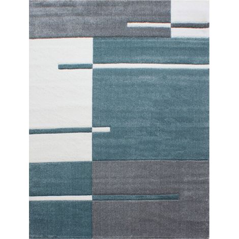 TRAITS - Tapis géométrique (Bleu et Gris - 80x300cm)