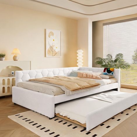 Cadre de lit coloris blanc en velours 108 x 145 x 66,5 cm (1/5)