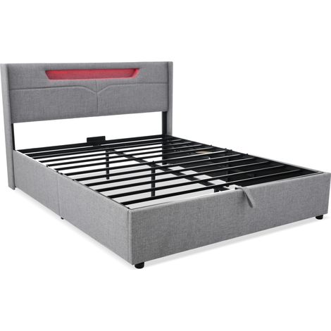 Lit Coffre 2 Places avec USB, Type-C et LED Réglable, 160 × 200 cm, sans Matelas, en Lin Gris (1/5)