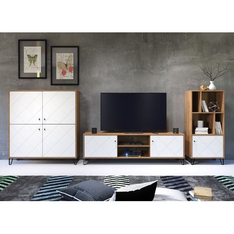Wohnwand modern TORINO-19 in Artisan Eiche Nb. mit weiß matt, B/H/T: ca. 399/136/40 cm (1/5)