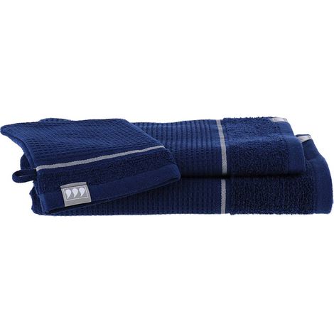 3-teiliges set aus 100% baumwolle mit bienenwabenstruktur 1 handschuh 1 handtuch 50x90 cm 1 handtuch 70x130 cm - marine silber - Tendance