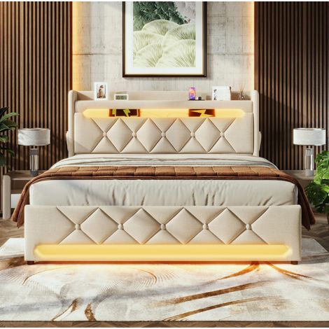lit adulte double coffre rangement 180x200 lin beige OKMYHOME (1/5)