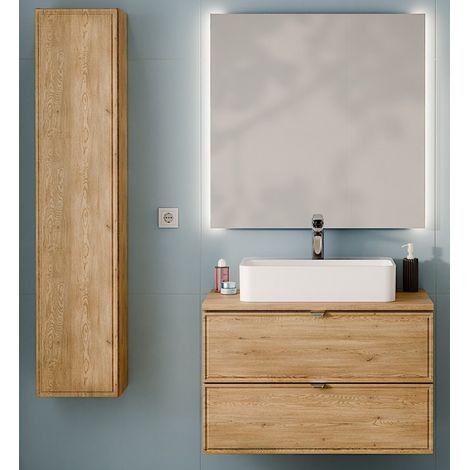 Ensemble Complet Meuble Vasque 80 cm + Plateau + Vasque + Miroir LED + Colonne - L 80 x P 46 x 51,5 cm - Caldera Clair - Livraison gratuite