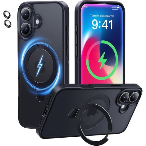 Kompatible iPhone 16 Schutzhülle, mit Kameraschutz, verstellbarem Ständer, erhöhten Rändern zum Schutz des Displays, kratz- und stoßfest, präzisen Aussparungen, PC, Titanschwarz (1/5)