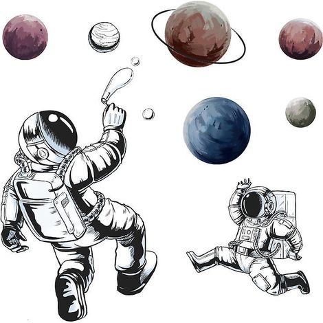 Pflanzenaufkleber auf Cartoon-Hintergrund, Weltraumplaneten-Wandaufkleber, Raketen-Astronauten-Wandtattoo, Wanddekoration für Kinderzimmer (1/5)