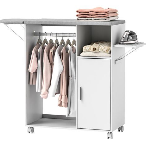 Pour Linge et Garde-robe Meuble de Repassage en Buanderie avec Plateau Rabattable, 4 Roues et Casiers Blanc (1/5)