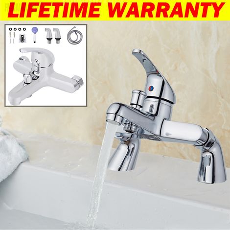 Bath Filler Taps Mixer with Shower Attachment Set Bathroom Tub Tap Deck Mounted Handheld Shower Mixers Dual Lever Chrome Brass (1/5)