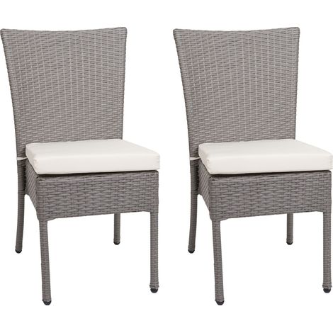 2er-Set Poly-Rattan Stuhl HHG-949, Balkonstuhl Gartenstuhl, stapelbar grau, Kissen creme
